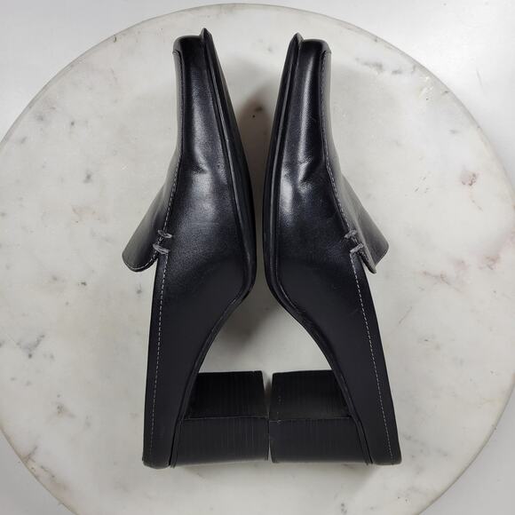VTG Bass Artist Mules Womens 6 Black Leather Slip On Square Toe Block Heel 2003 - Picture 13 of 16